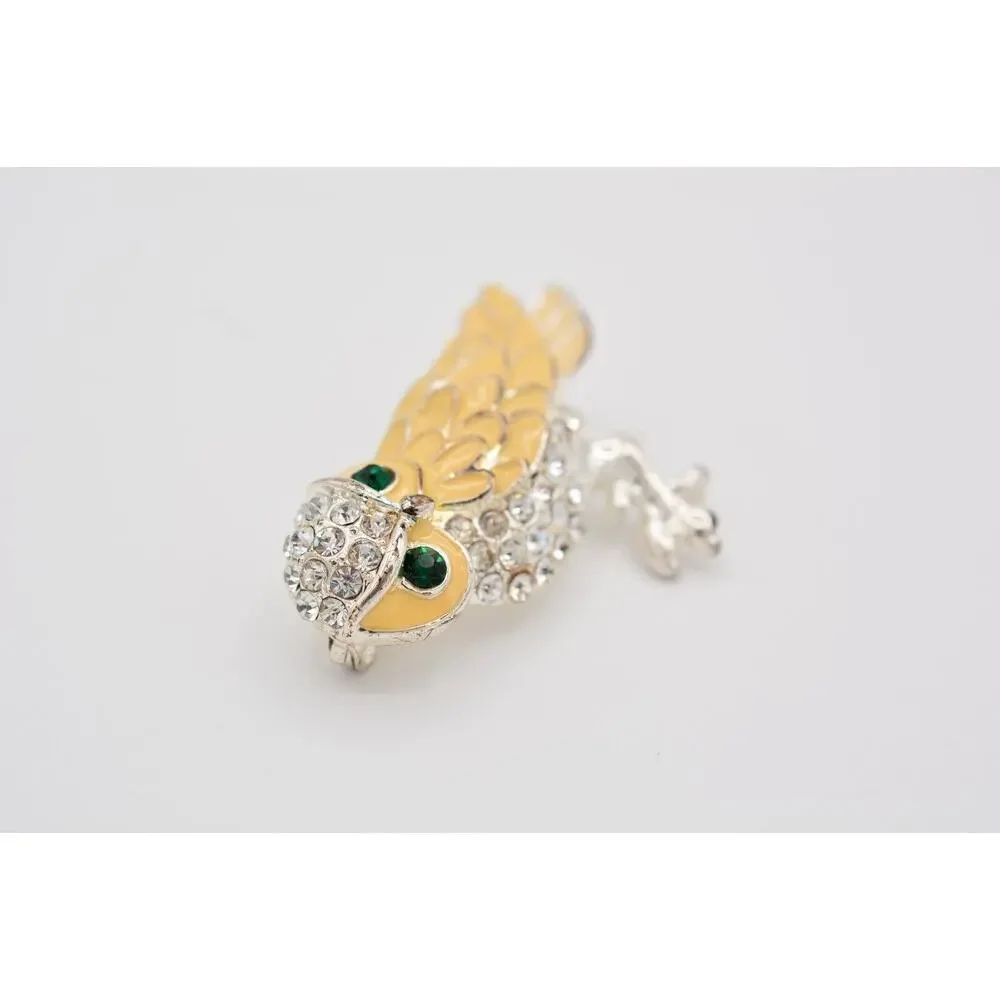 Vintage Owl Pin Brooch Rhinestone Crystal Green Cream Enamel Silver Shiny BinAT